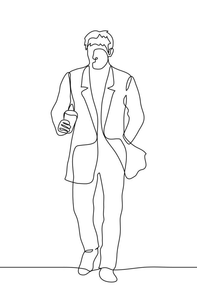 uomo va nel un' cappotto Tenere un' tazza di caffè caffè per andare, porta via. uno continuo linea disegno di un' lunghezza intera uomo a passeggio, andando per opera, incontro, è ventoso al di fuori vettore