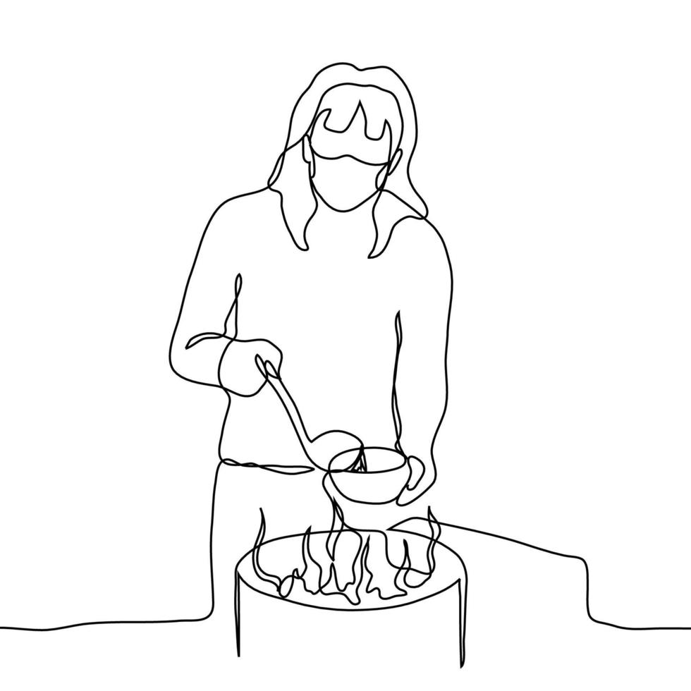 mascherato donna versa la minestra in un' piatto. uno linea disegno donna volontario stabilisce cibo per bisognoso, concetto di gentilezza, aiuto, empatia, beneficenza vettore