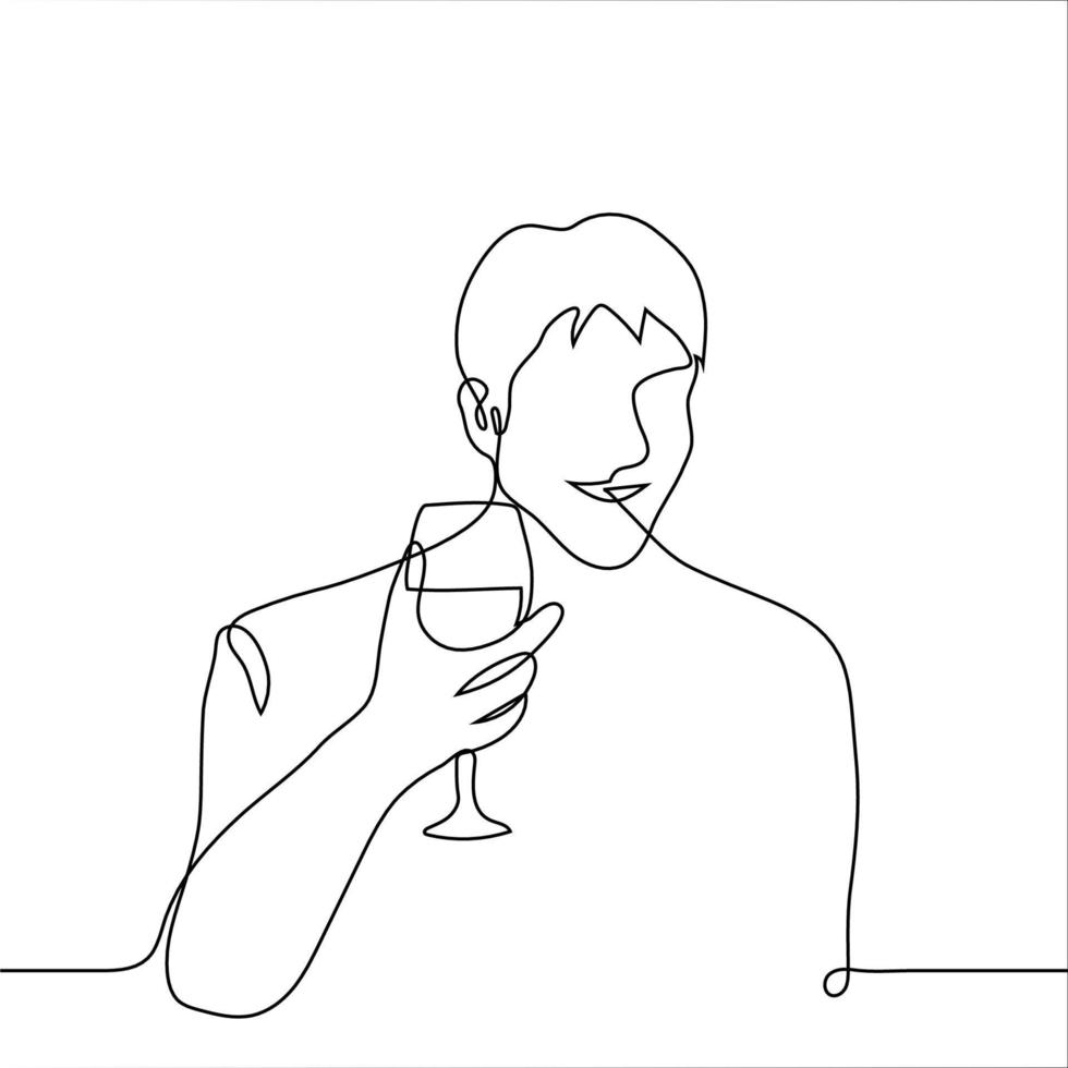 uomo Tenere un' bicchiere di vino e sorridente - uno linea disegno. crostini concetto vettore
