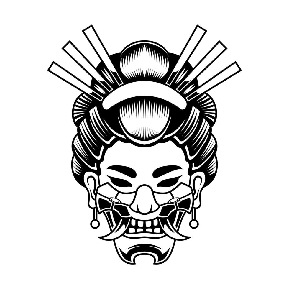 geisha con Hanya maschera nero e bianca samurai guerriero logo Vintage ▾ vettore illustrazione