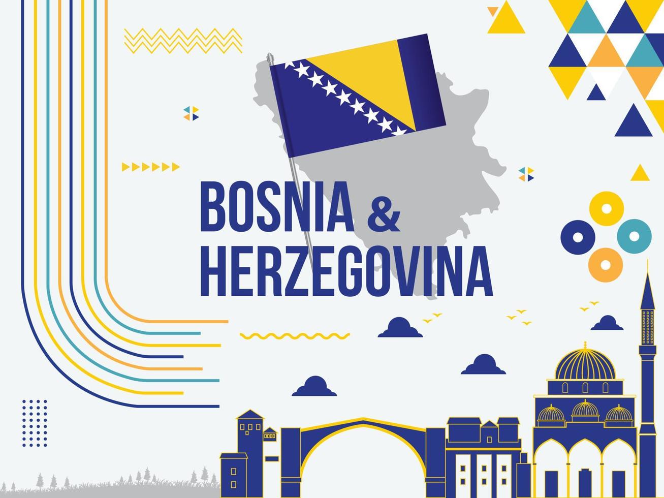 bosnia e erzegovina indipendenza giorno bandiera con bandiera, colori tema sfondo, bosnia carta geografica, testo punti di riferimento, geometrico astratto vettore illustrazione