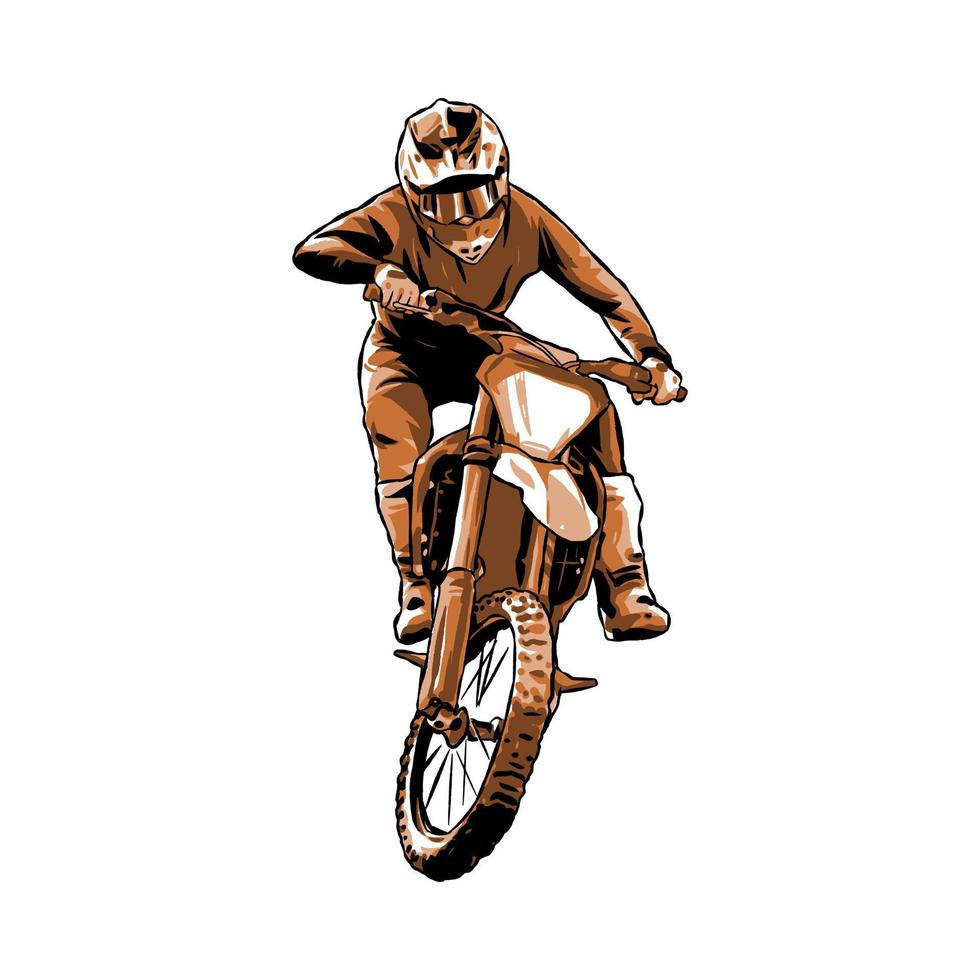 motocross corridore, cavaliere. mano disegnato illustrazione, monocromatico colore. sporco bicicletta, estremo sport, veicolo, motociclo Comunità. Perfetto per magliette, etichetta, Stampa, eccetera. vettore