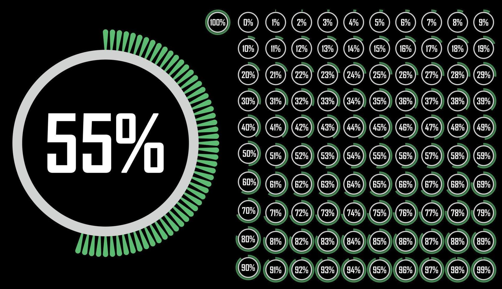 impostato di cerchio percentuale diagrammi a partire dal 0 per 100 pronto all'uso per ragnatela disegno, utente interfaccia ui o Infografica indicatore vettore