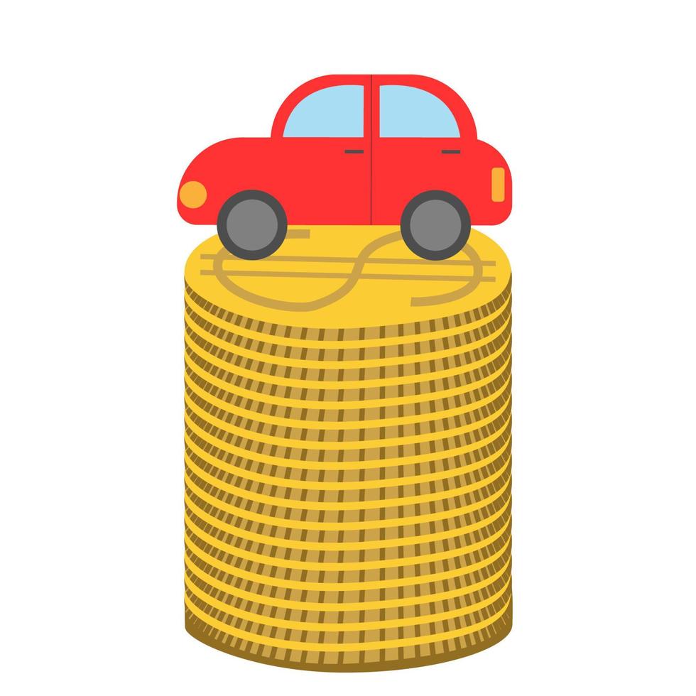 un' rosso auto su un' pila di d'oro dollaro monete. acquisto un' macchina. finanziario la spesa vettore