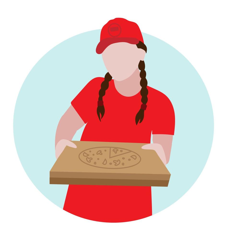 Pizza consegna donna nel un' rosso uniforme su bianca. piatto stile. in linea ordine consegna servizio vettore