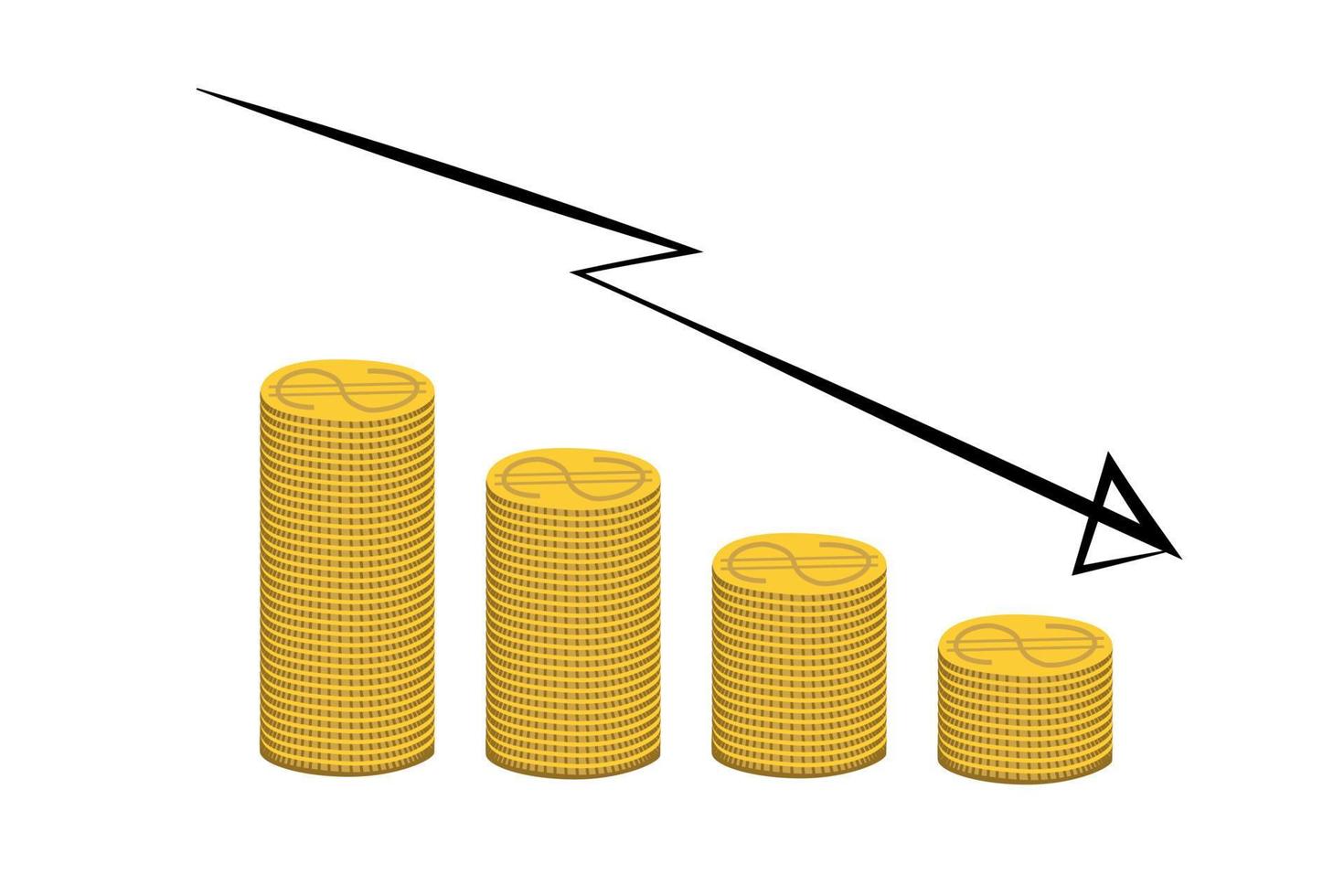 d'oro dollaro monete pila con freccia fuori uso. i soldi, economia, finanza, investimento simbolo. moneta giù diagramma concetto. vettore