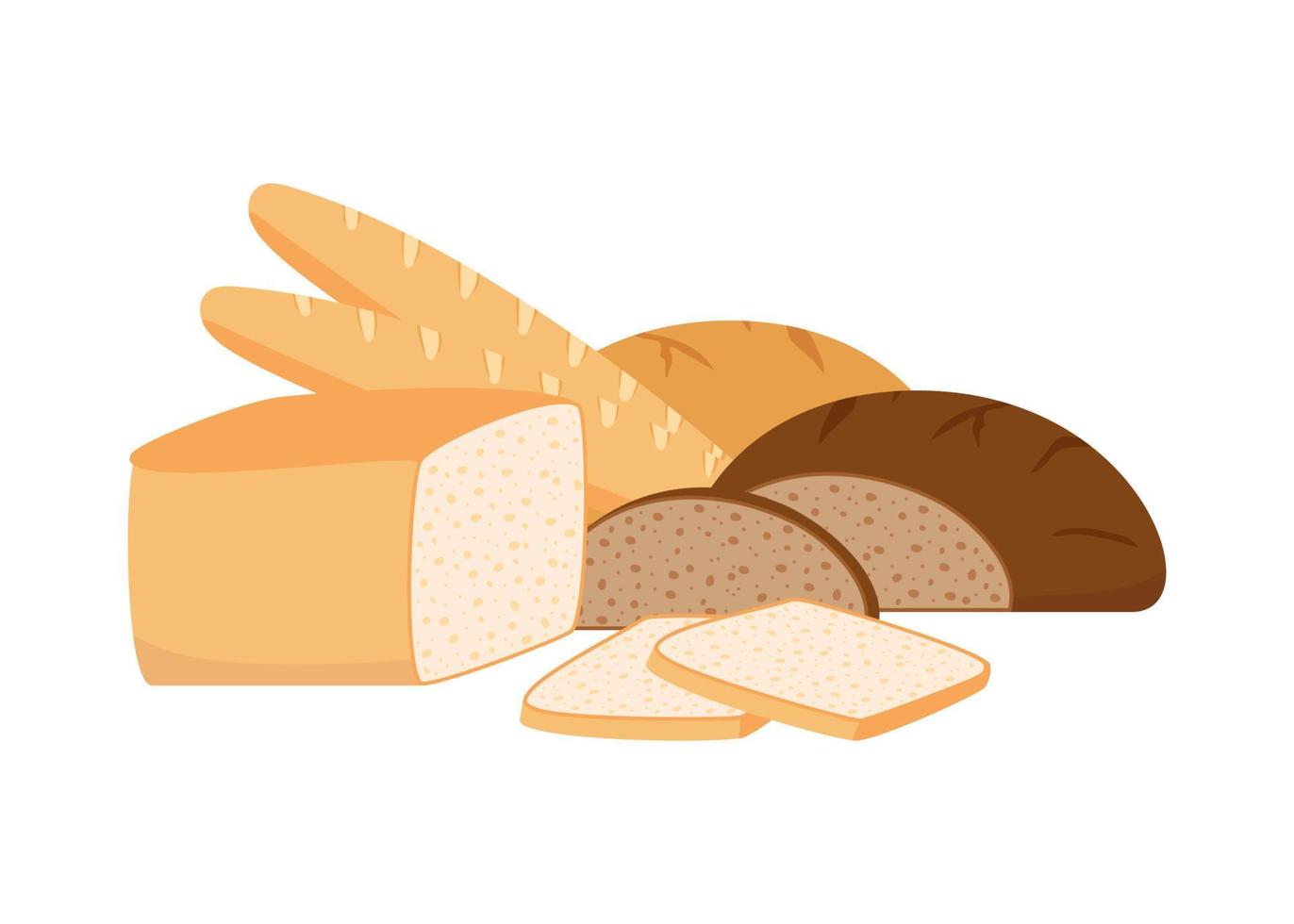Pasticcino pane a partire dal Grano, totale grano e segale, forno cibo impostare. bianca pagnotta, Marrone pane, crostini pane, francese baguette. vettore illustrazione