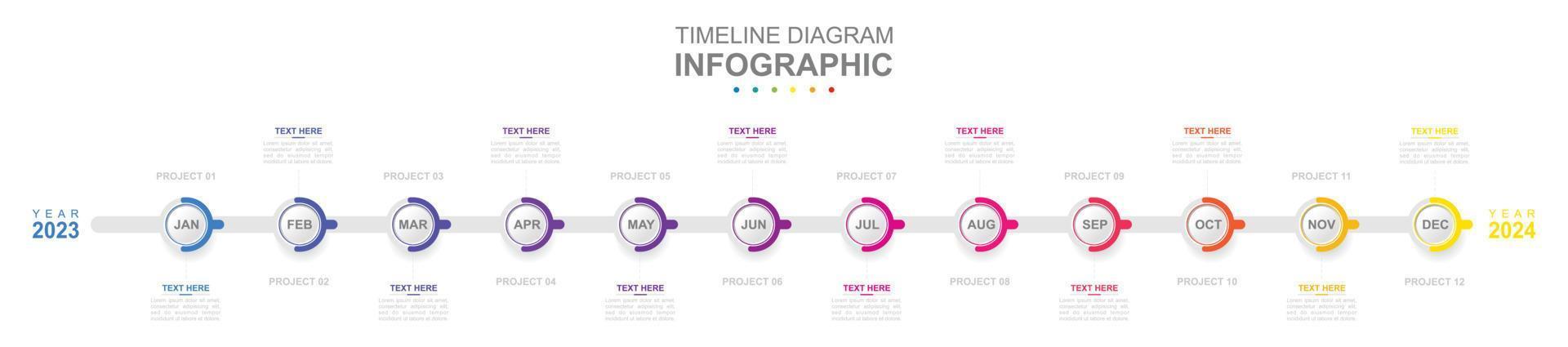 Infografica attività commerciale modello. 12 mesi moderno sequenza temporale diagramma calendario. concetto presentazione. vettore
