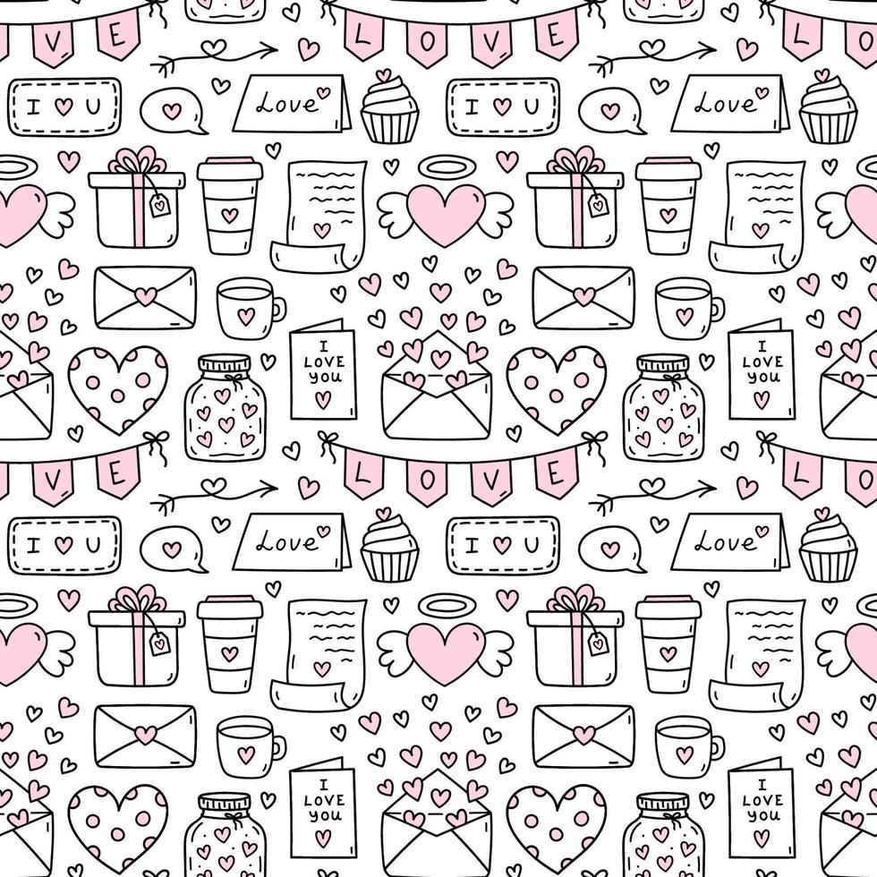 carino senza soluzione di continuità modello per San Valentino giorno con cuori, lettere, buste, caffè, cupcakes, i regali. vettore disegnato a mano scarabocchio illustrazione. Perfetto per vacanza disegni, Stampa, arredamento, involucro