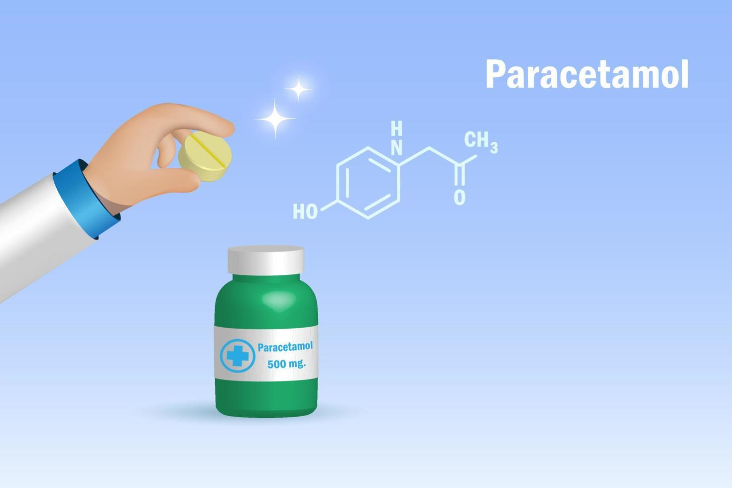 medico, farmacista mano hold paracetamolo medicina pillola con scheletrico molecolare struttura e paracetamolo bottiglia. farmaceutico droga per mal di testa e dolore sollievo. 3d vettore