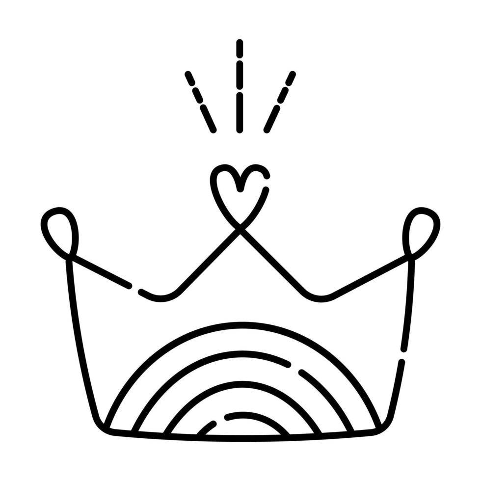 carino corona con arcobaleno e cuore, nero linea illustrazione nel semplice minimo stile vettore