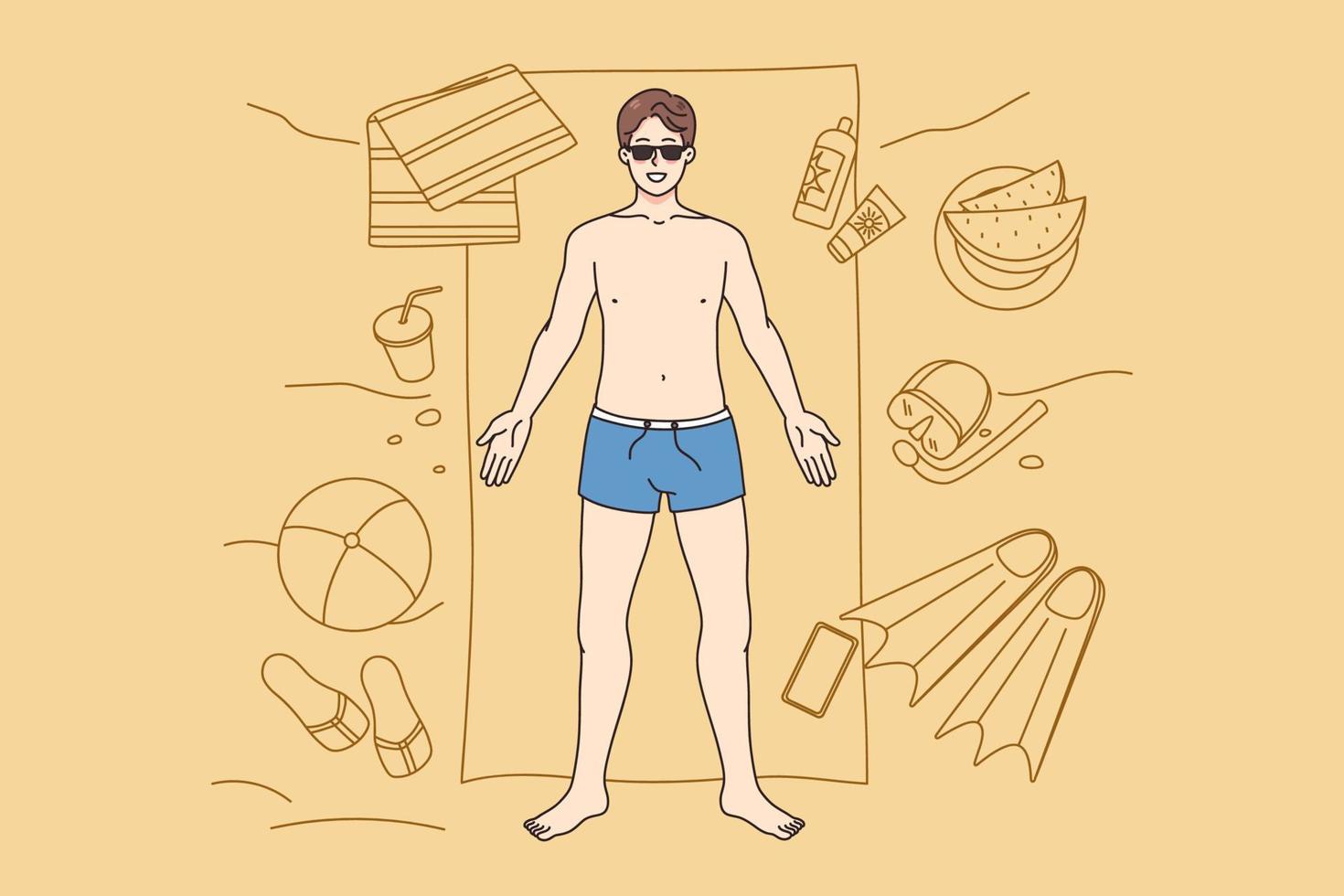 superiore Visualizza di contento giovane uomo nel costumi da bagno dire bugie su asciugamano su spiaggia godendo estate vacanze. sorridente tipo rilassare su mare durante estate vacanze. viaggio e turismo. vettore illustrazione.