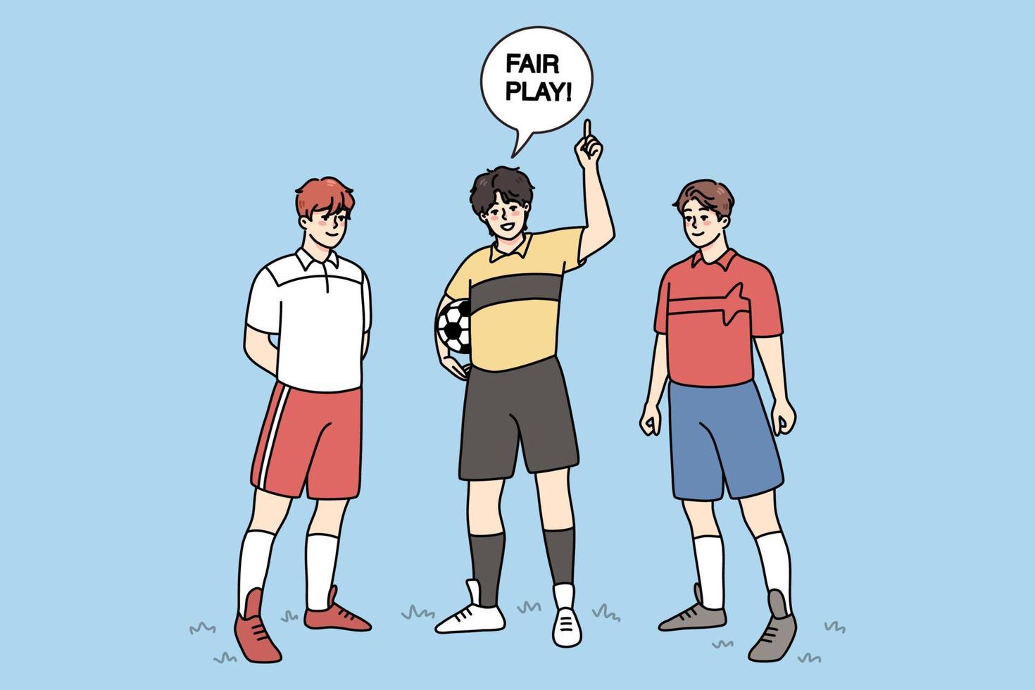 arbitro con calcio Giocatori annunciare giusto giocare su campo. gli sport attività concetto. uomini giocando calcio all'aperto. piatto vettore illustrazione.