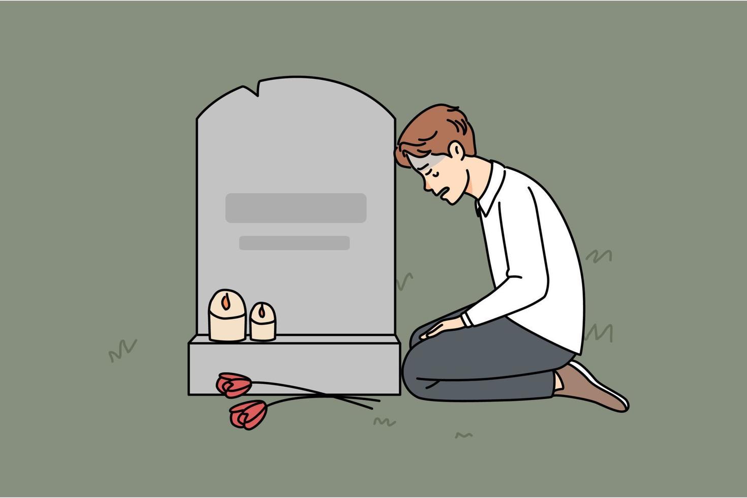 triste uomo seduta vicino tomba a cimitero lutto dopo passato moglie o madre. infelice disperato vedovo mettere fiori e candele su memoriale giorno bramosia e mancante. vettore illustrazione.