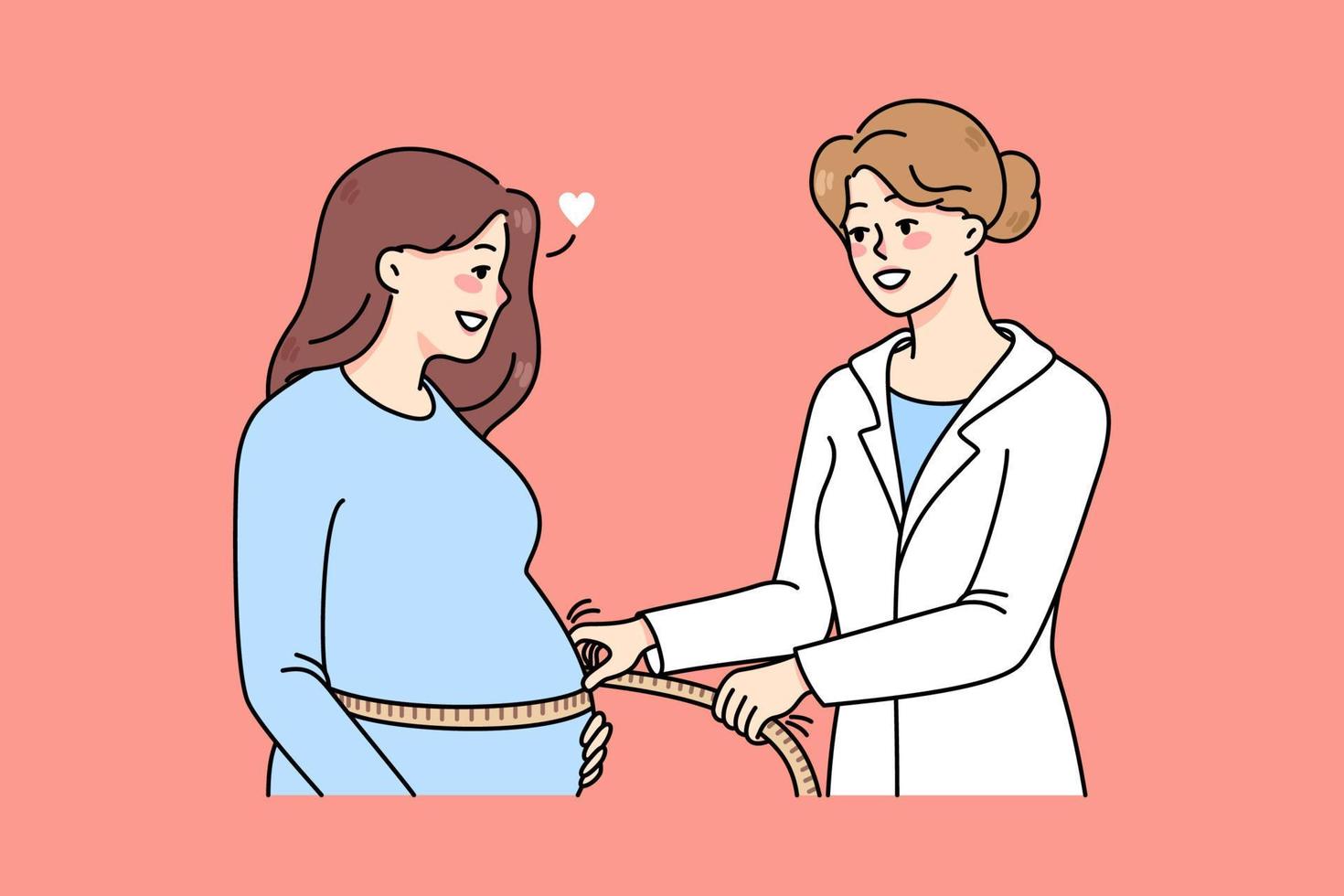 cura infermiera misurazione incinta donna pancia con nastro. ginecologia medico fare verifica di futuro mamma durante appuntamento nel clinica. salutare gravidanza concetto. vettore illustrazione.