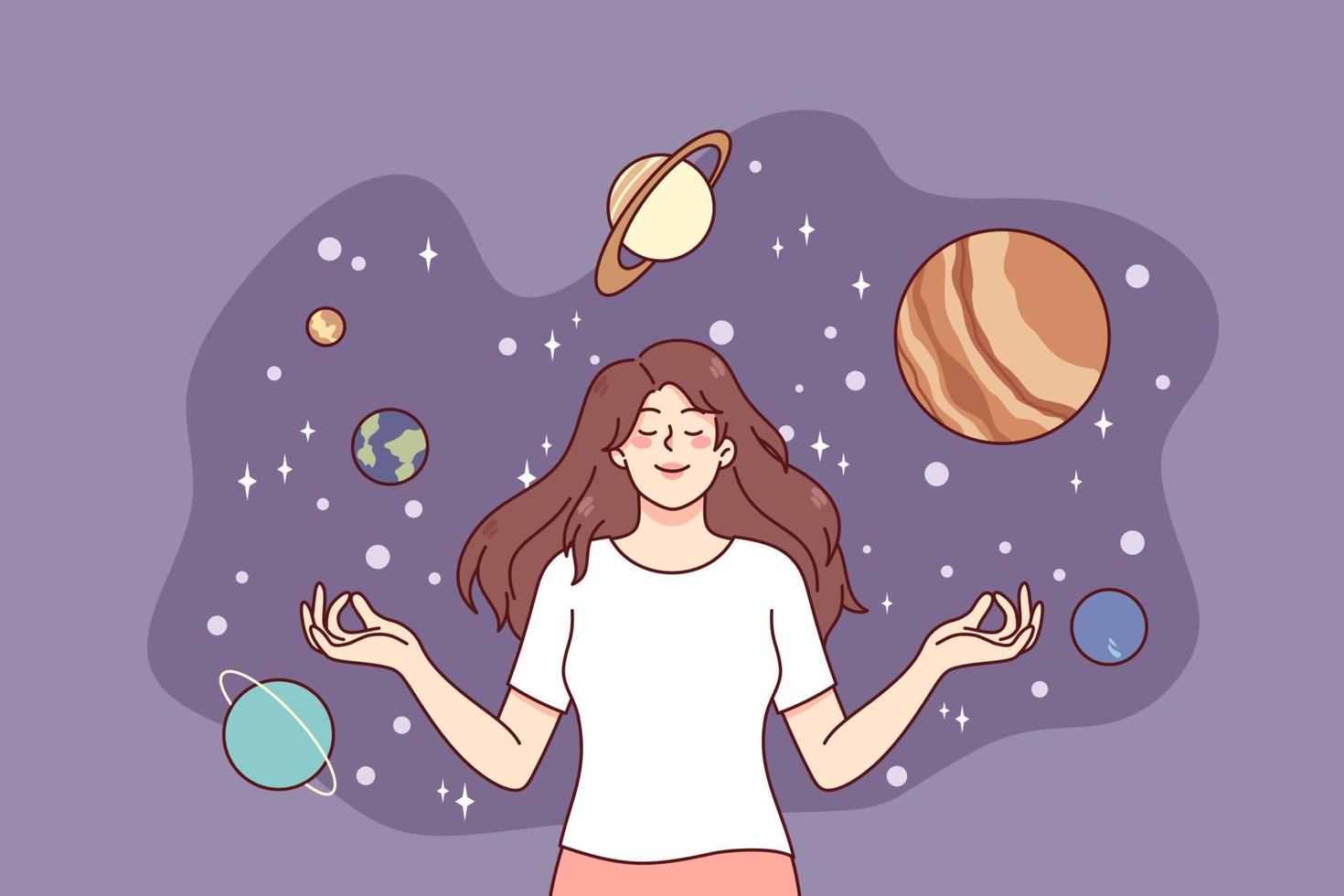 calma contento ragazza meditare circondato di pianeti. giovane donna godere meditazione sognare o visualizzare. cosmo e universo. astronomia concetto. piatto vettore illustrazione.