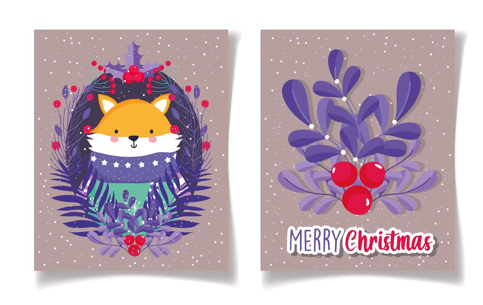 Merry Christmas card set con volpe e bacche di agrifoglio vettore