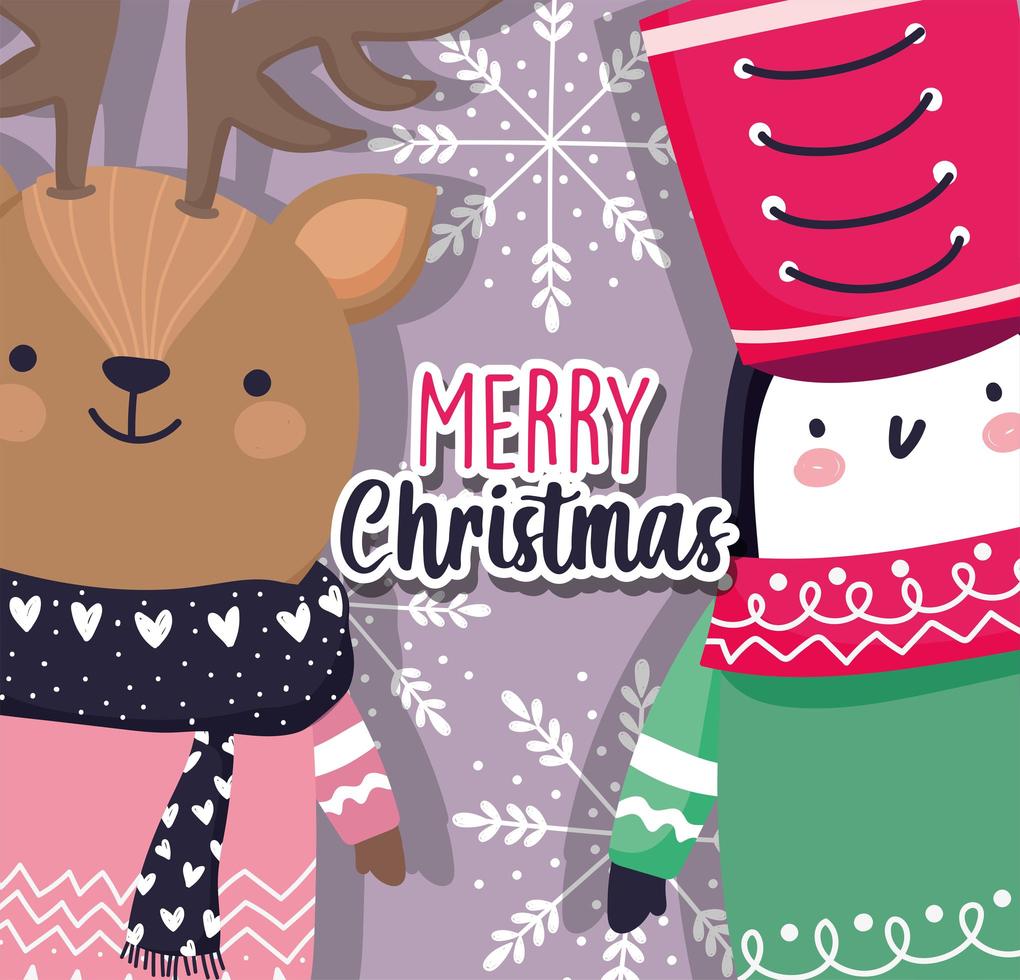 Merry Christmas card set con renna invernale e pinguino vettore