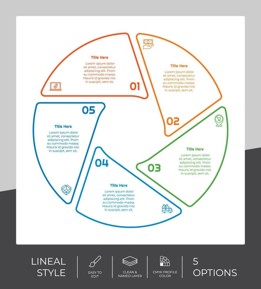 diretto processi cerchio Infografica vettore design con 5 passaggi per attività commerciale. passo Infografica può essere Usato per presentazione, opuscolo e marketing.