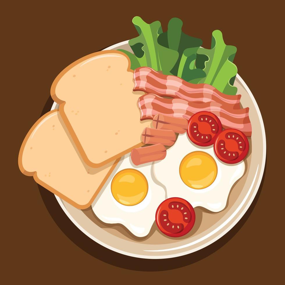 tradizionale Britannico prima colazione con fritte uova, pane abbrustolito, salsicce, Bacon, pomodoro e lattuga insalata vettore illustrazione