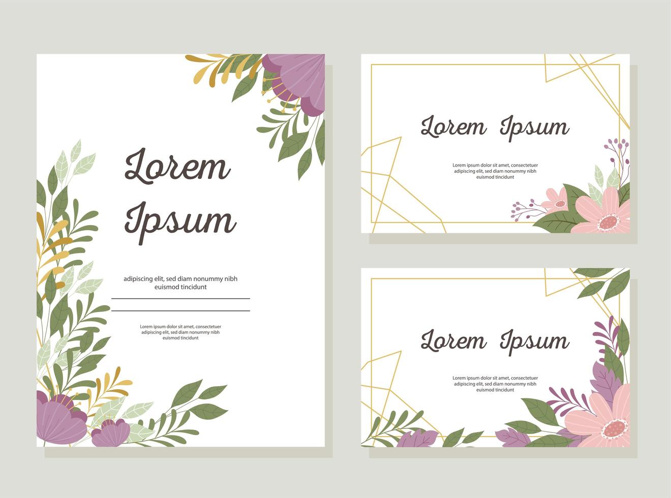 set di carte invito a nozze con cornice decorativa ed elementi floreali vettore