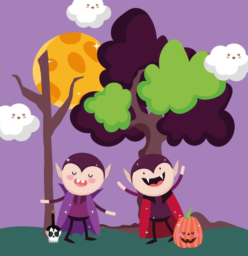 felice immagine di halloween con simpatici vampiri vettore