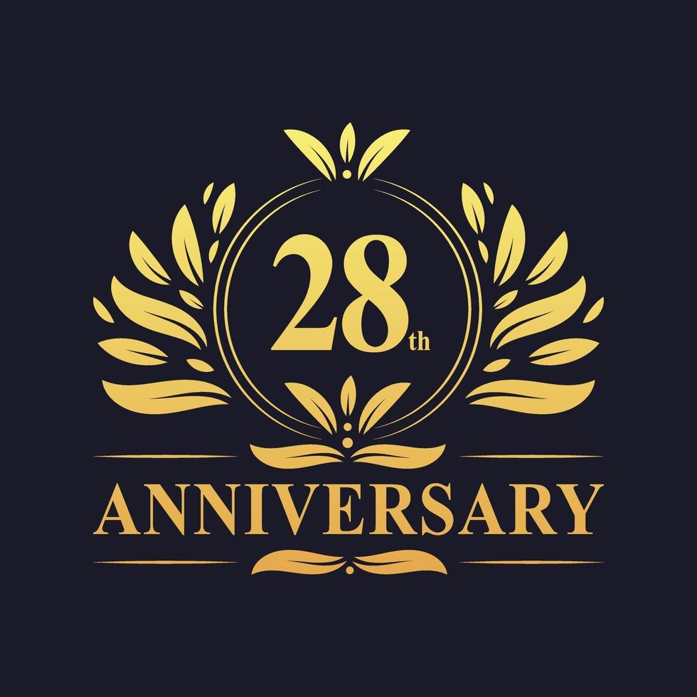 Design del 28 ° anniversario, lussuoso logo dell'anniversario di 28 anni di colore dorato. vettore