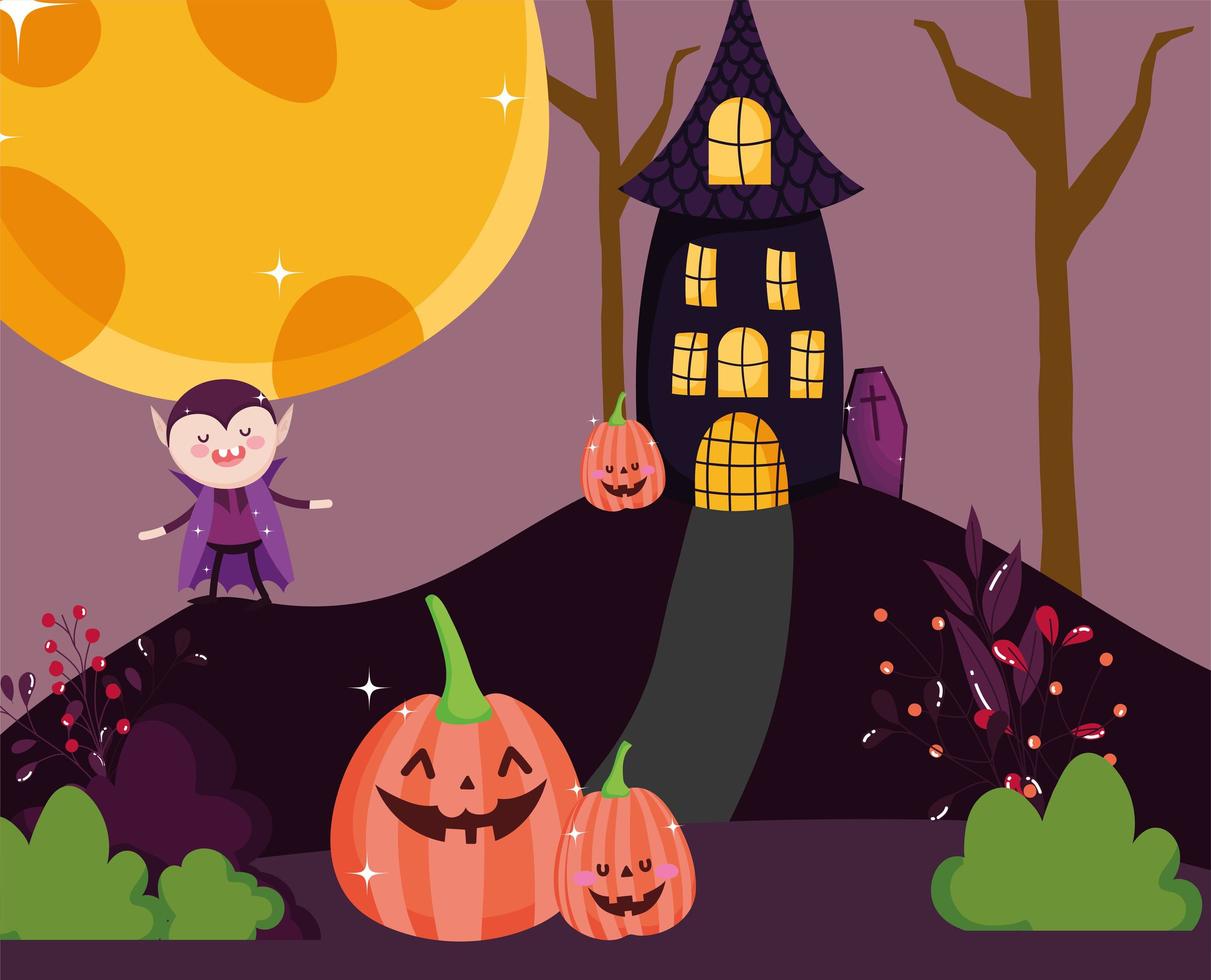 felice immagine di halloween con simpatici vampiri e zucche vettore