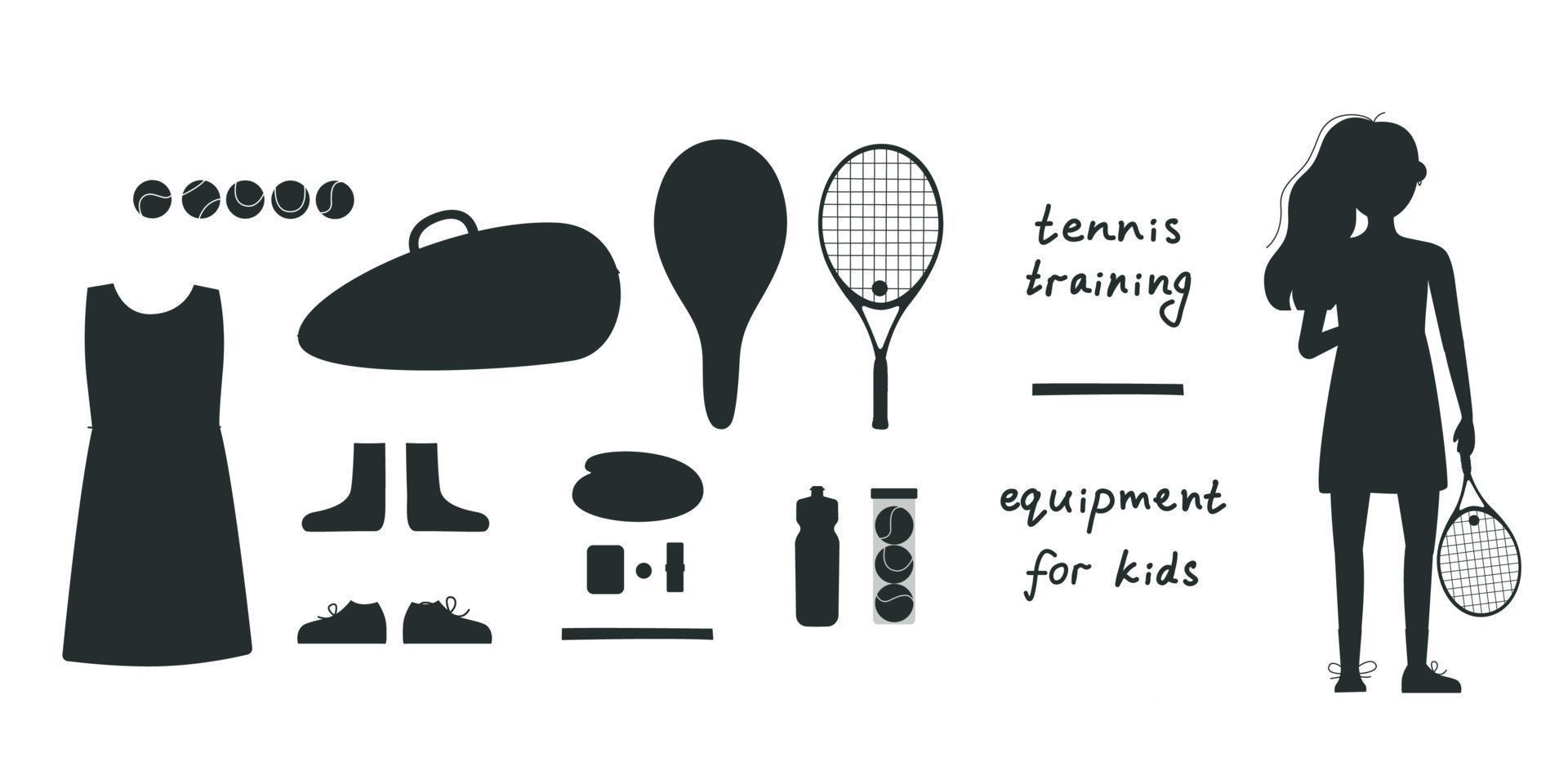piatto vettore silhouette illustrazione nel infantile stile. mano disegnato tennis giocatore, Ingranaggio e attrezzatura