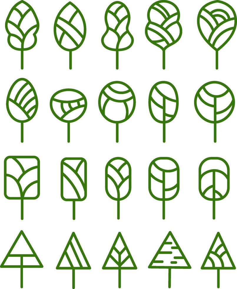 alberi verdi in diverse forme, illustrazione, vettore su sfondo bianco impostato