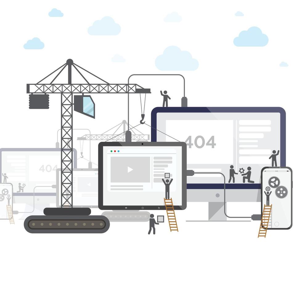 design piatto del sito web in costruzione, processo di costruzione di pagine web con persone stilizzate. configurare il telefono e il tablet. vettore