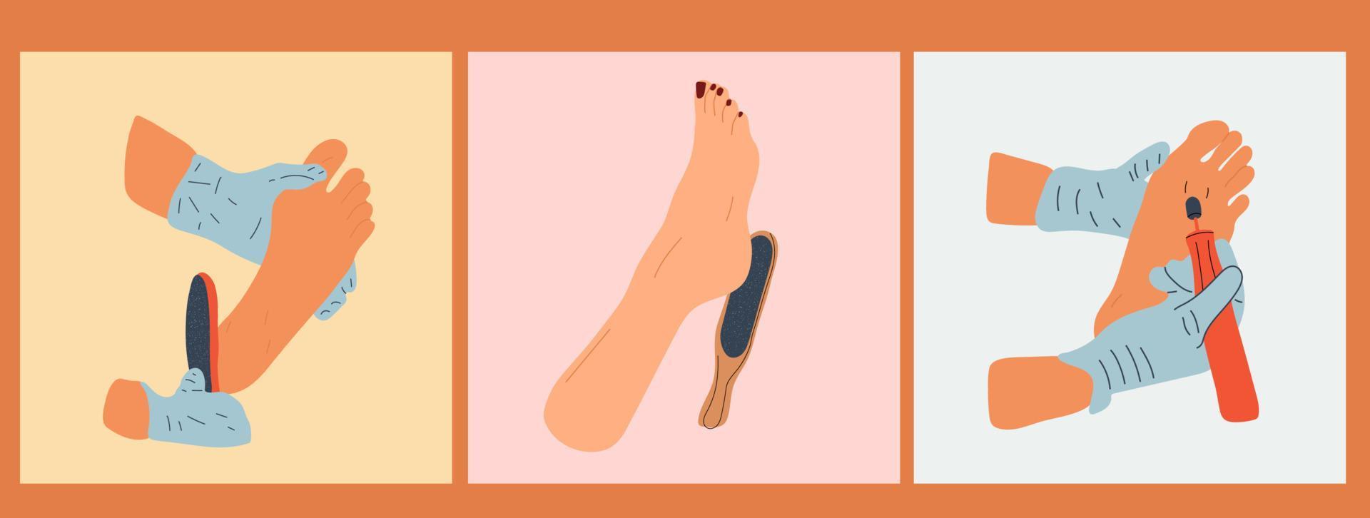 impostato di tre illustrazione di donna avendo peeling piedi per sua piedi nel bellezza salone vettore