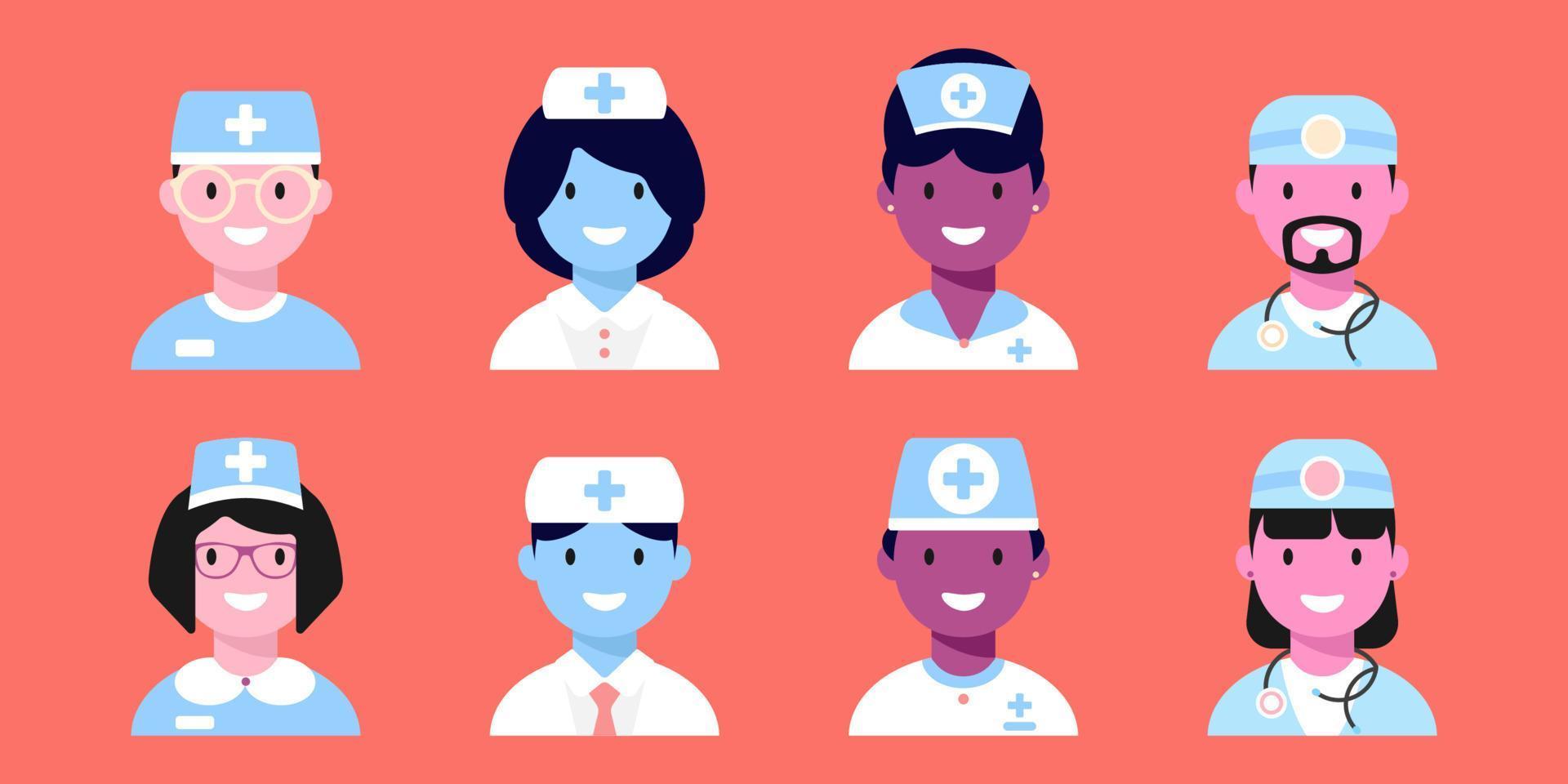 medico e infermiera icone impostare. multiculturale medico personaggi. icone per ragnatela applicazione. vettore illustrazione.