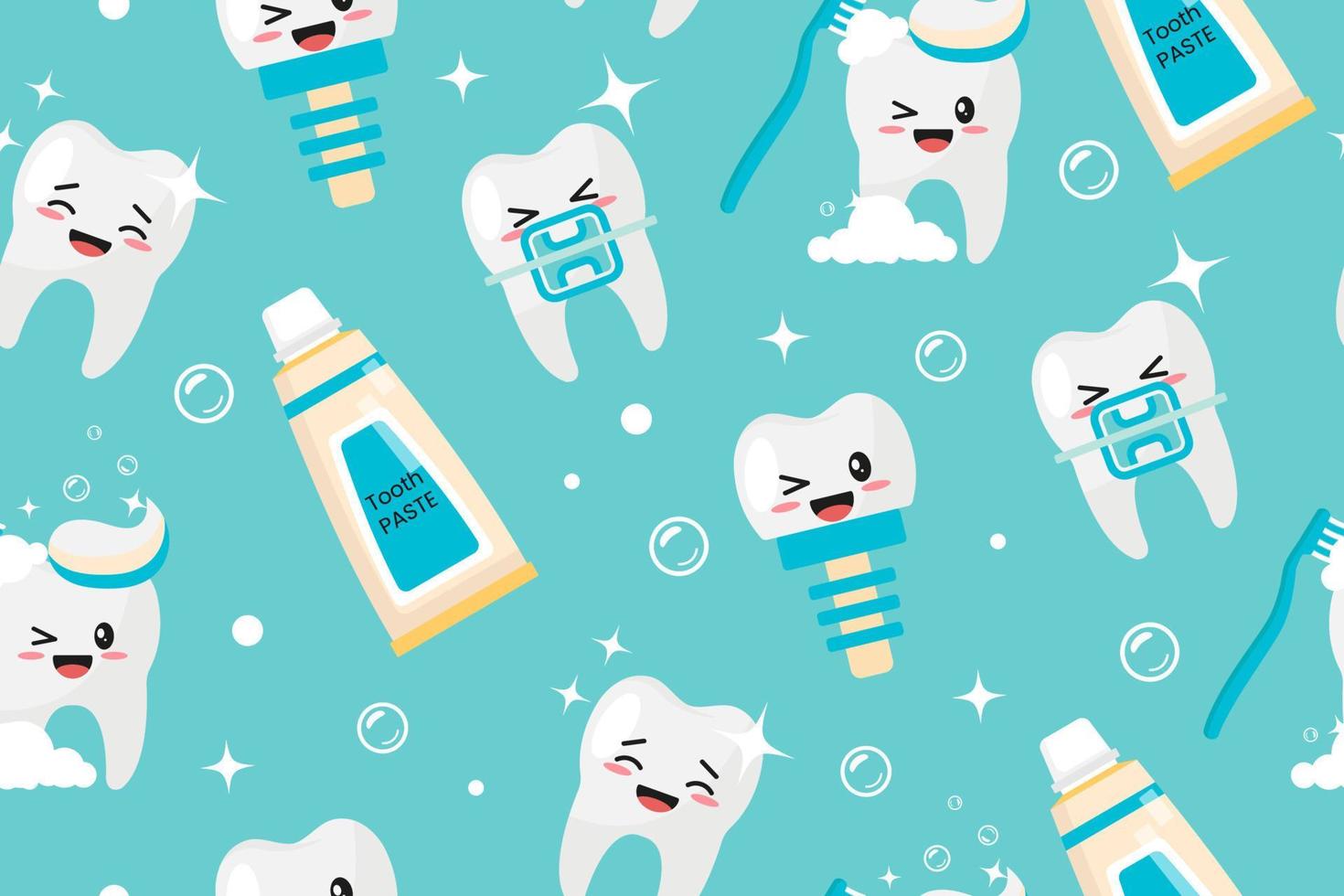 divertente senza soluzione di continuità modello, concetto di Salute e cura per figli di denti. kawaii personaggi. per il tuo design di confezione, sfondo, carta, tessuto, involucro. vettore illustrazione.