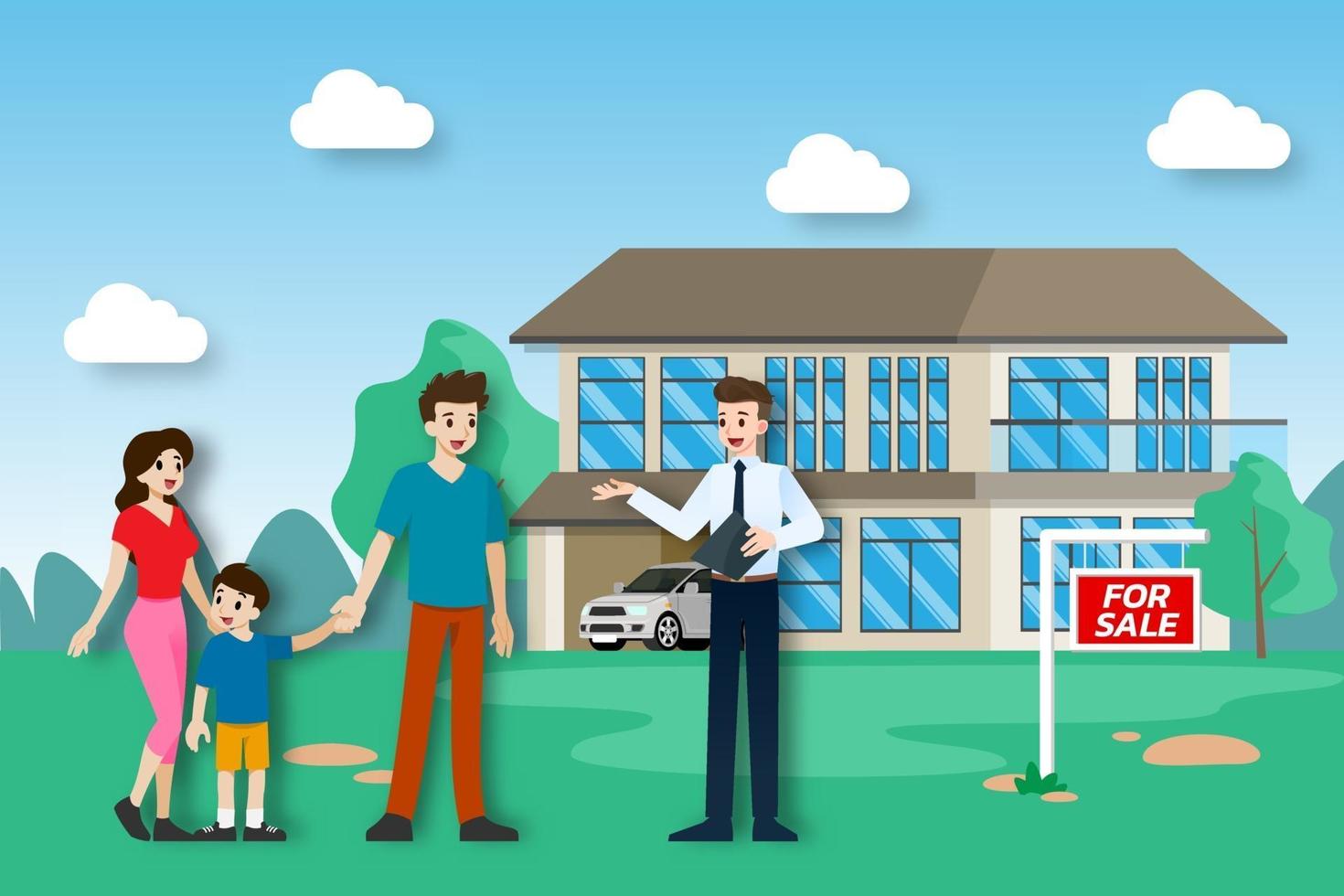 l'agente immobiliare mostra il nuovo bellissimo immobile moderno in vendita a un cliente con la famiglia. illustrazione vettoriale in design piatto.