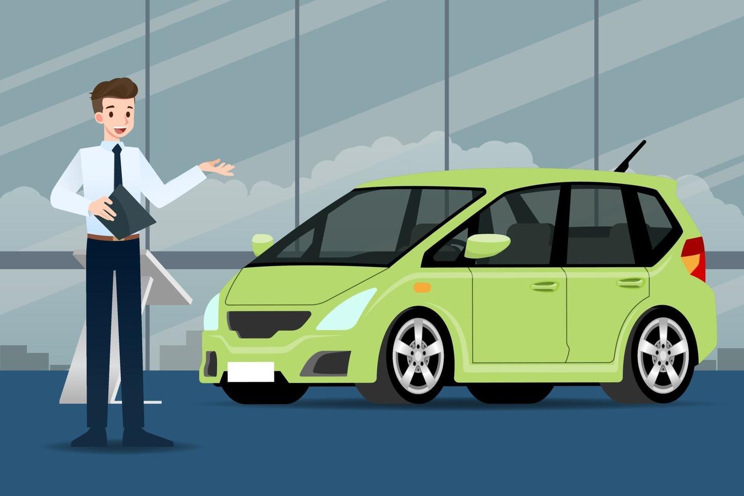 un uomo d'affari felice, il venditore è in piedi e presenta la sua auto di lusso parcheggiata nello show room.vector illustration design. vettore