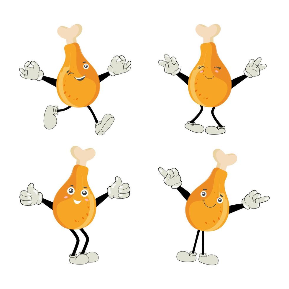 fritte pollo gamba cartone animato carattere. arrosto pollo gamba mascotte. vettore illustrazione di un' fritte pollo icona. totale arrosto pollo. gamba pollame vettore emoticon.