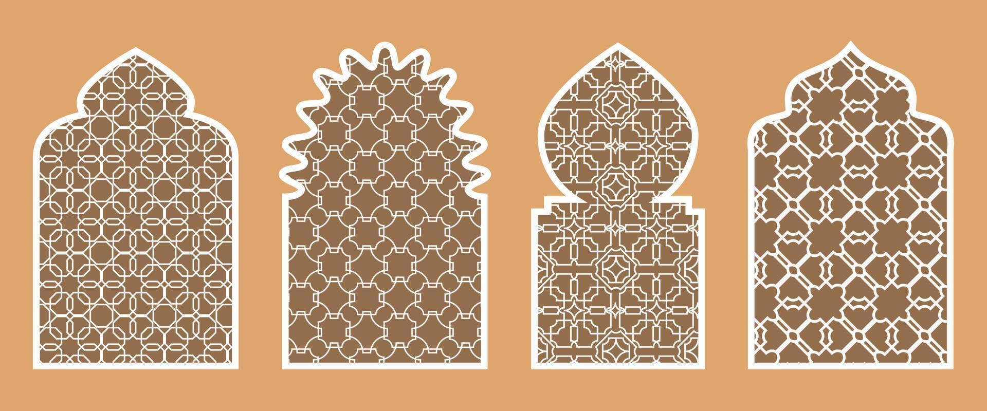 collezione di islamico finestre e archi nel il orientale Ramadan stile con un' moderno design. struttura su il finestre. Islam, India, orientale Paesi. un' impostato di finestre e porte di diverso colori vettore