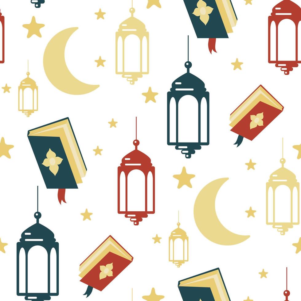 modello di Arabo ornamento lanterna, Luna, stelle, libro. design elementi di il Ramadan karim saluto modello. lanterna, Luna, stelle, schema di il notte città di moschee stampa su tessile e carta vettore