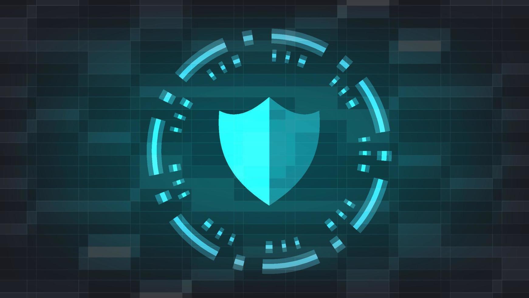 informatica sicurezza e dati protezione su antivirus concetto. scudo con Ciao Tech cerchio su buio sfondo vettore