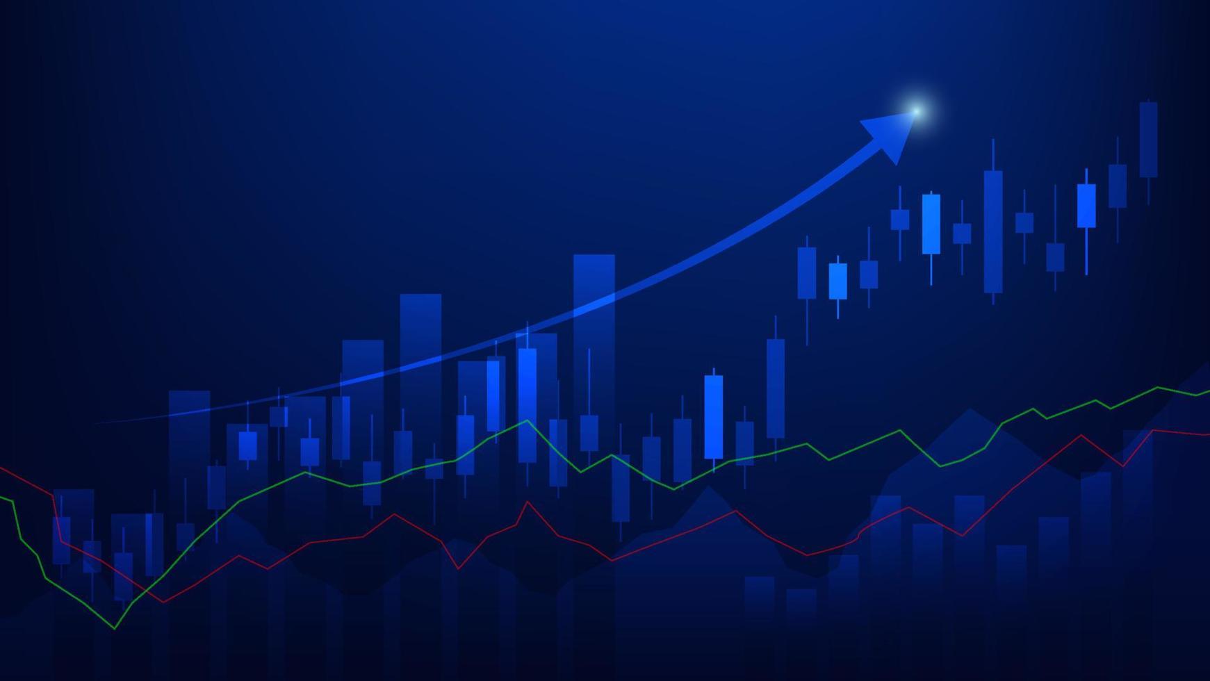 le statistiche sulle attività finanziarie con grafico a barre e grafico a candele mostrano il prezzo di mercato azionario e il guadagno effettivo su sfondo blu vettore