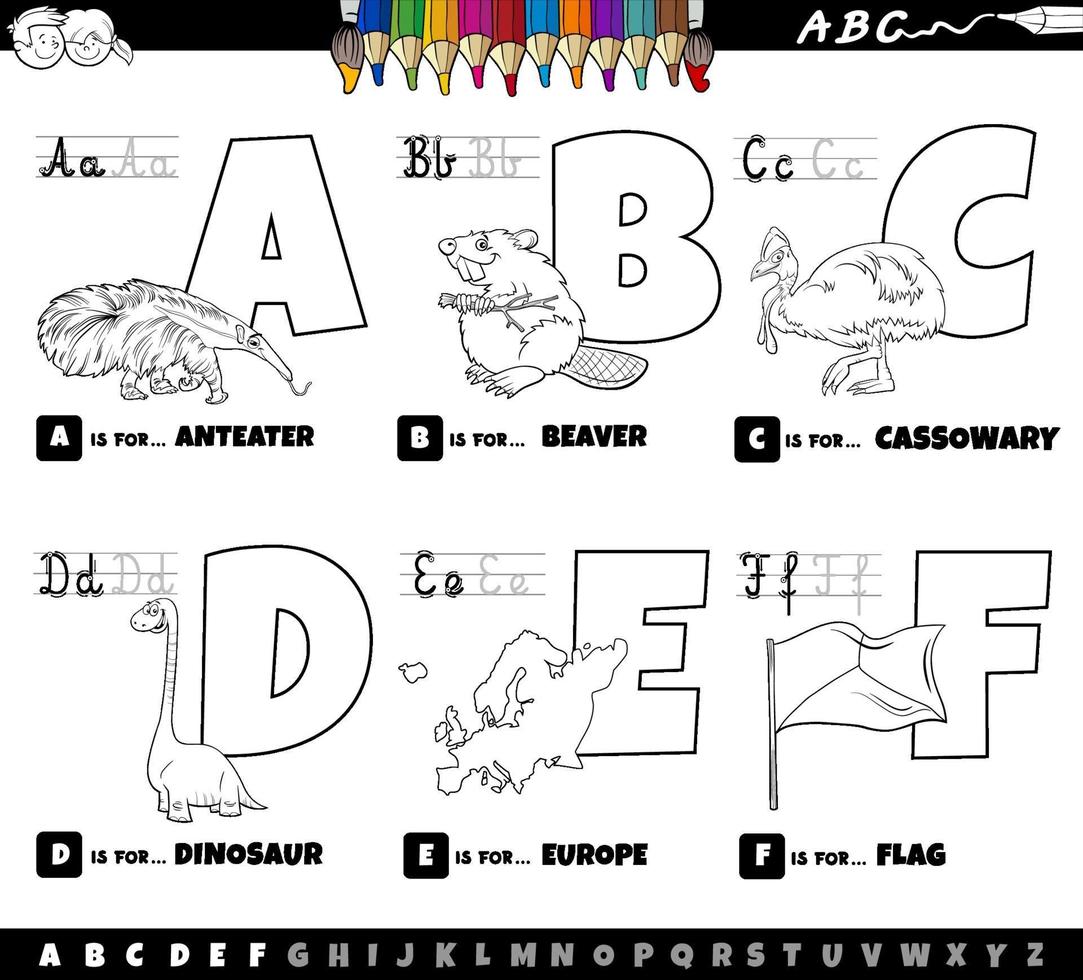 lettere dell'alfabeto del fumetto educativo impostate dalla a alla pagina del libro di colore f vettore