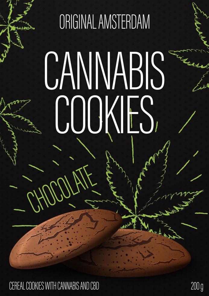 biscotti alla cannabis, design della confezione nera con biscotti alla cannabis e foglie di marijuana in stile doodle su sfondo. copertina nera per prodotti a base di cannabis vettore