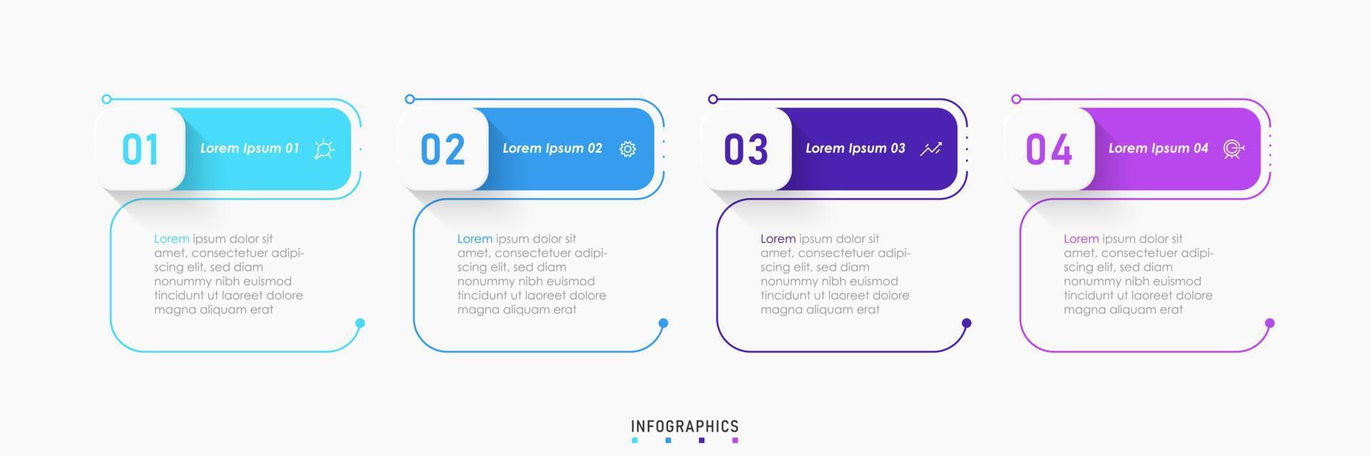 modello di progettazione di etichetta infografica vettoriale con icone e 4 opzioni o passaggi. può essere utilizzato per diagramma di processo, presentazioni, layout del flusso di lavoro, banner, diagramma di flusso, grafico informativo.