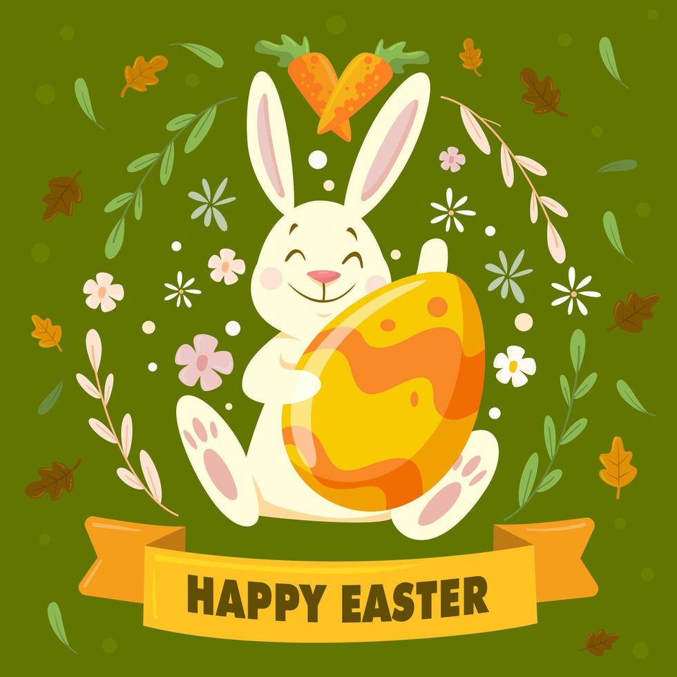 il coniglietto di Pasqua sorridente porta l'uovo vettore