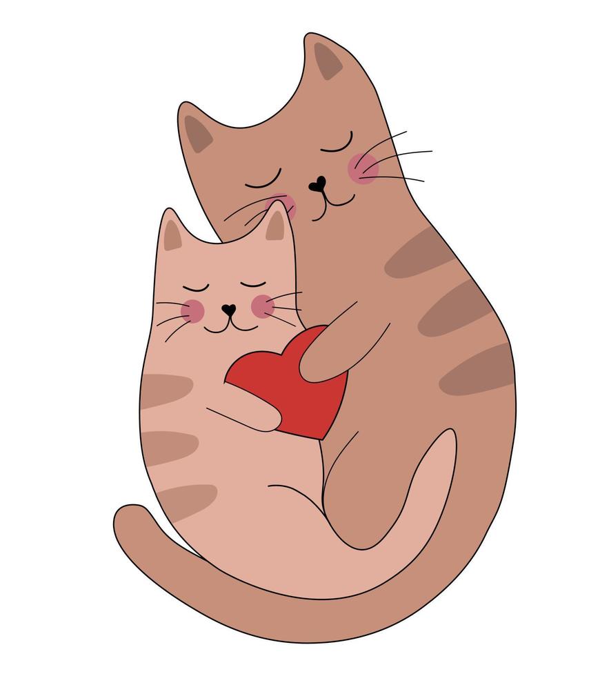 carino Due Marrone a strisce gatti nel amore con un' cuore nel loro zampe. gatti abbracciare. romantico san valentino giorno vettore illustrazione per saluto carta o manifesto.