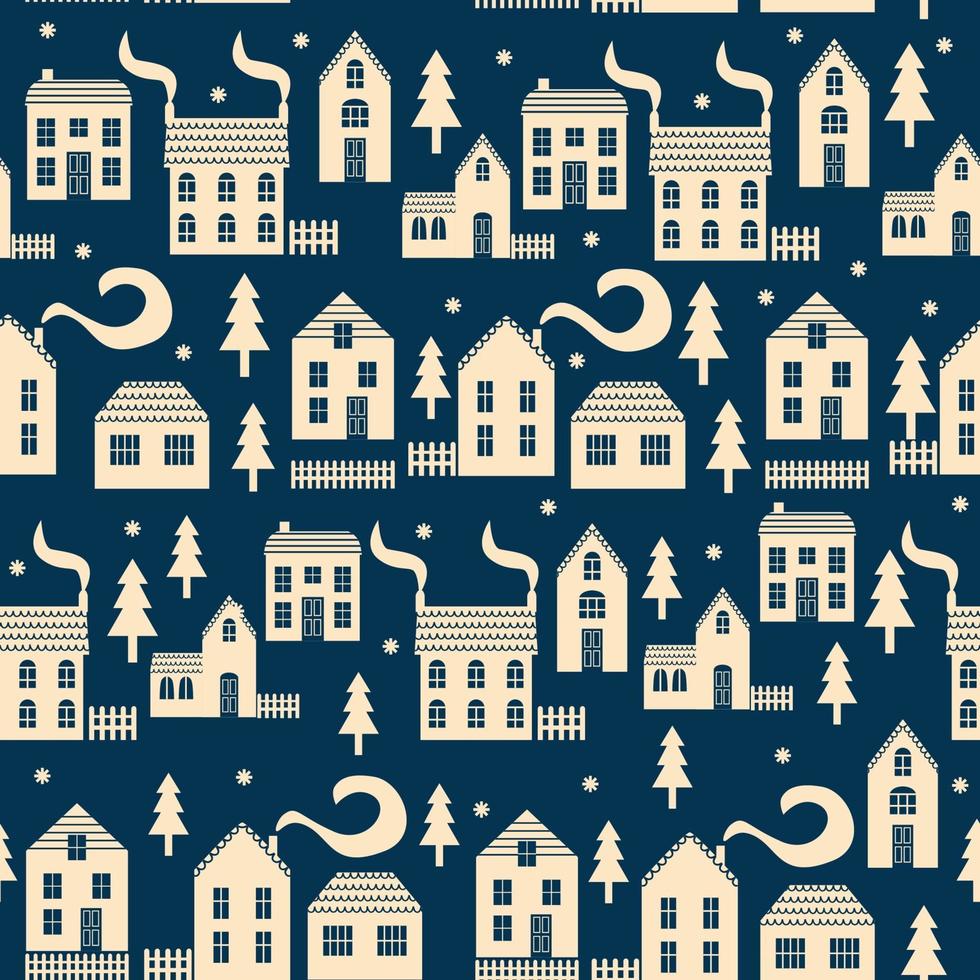 seamless invernale con alberi, cottage e case su sfondo blu. illustrazione vettoriale. vettore