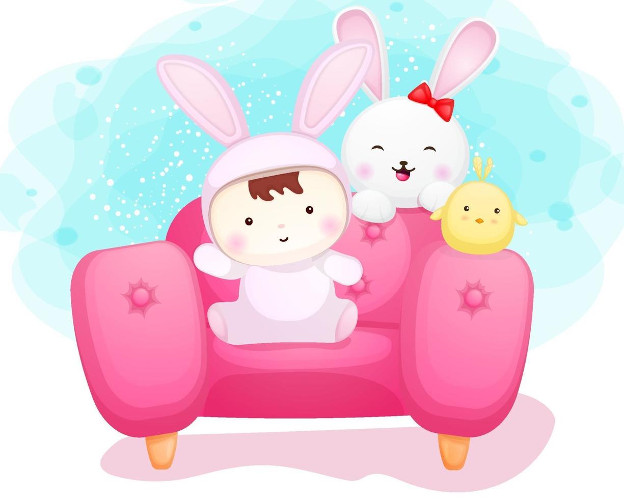 bambino carino in costume da coniglietto e amici sul divano vettore