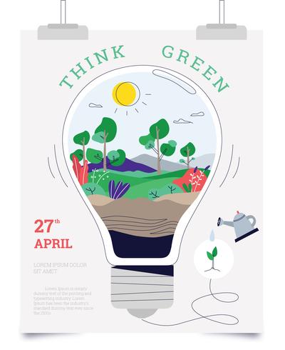 Le idee della lampada piatta di Think Green Poster Vector diventano verdi