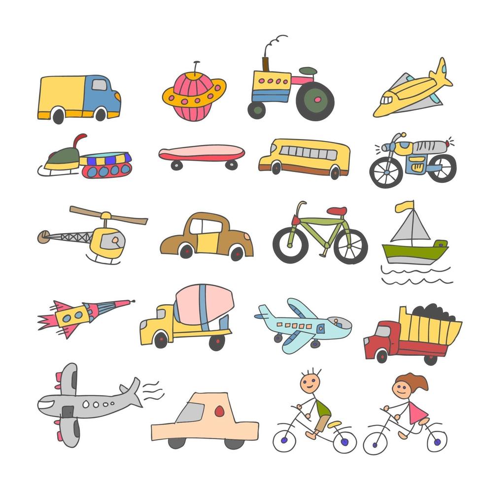 set di elementi doodle trasporto bambini colorati disegnati a mano schizzo doodle linea vettoriale icone di colore. icona dell'elemento di trasporto impostato su priorità bassa bianca